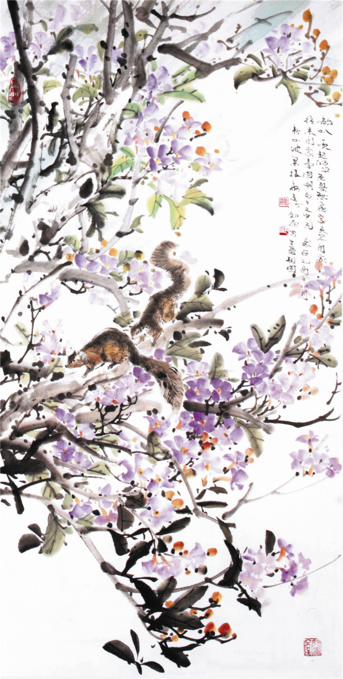 16、无忧图(2005乙酉年)Pink Tecoma&Squirrel(69×140cm).jpg