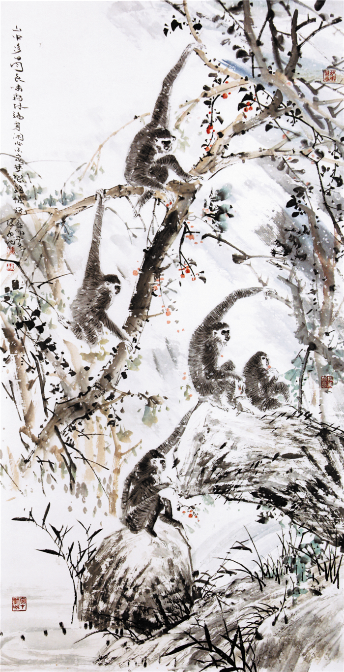 18、五猿图(高爵列侯封)辛卯 Gibbons2011 70×138cm.jpg